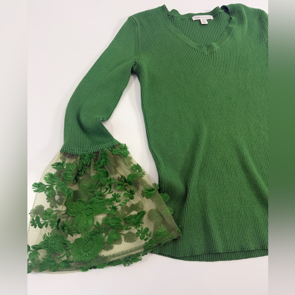 Green Ribbed V Neck Top Sheer Embroidered Bell Sleeve Cottagecore Fairy Boho M - Picture 3 of 11